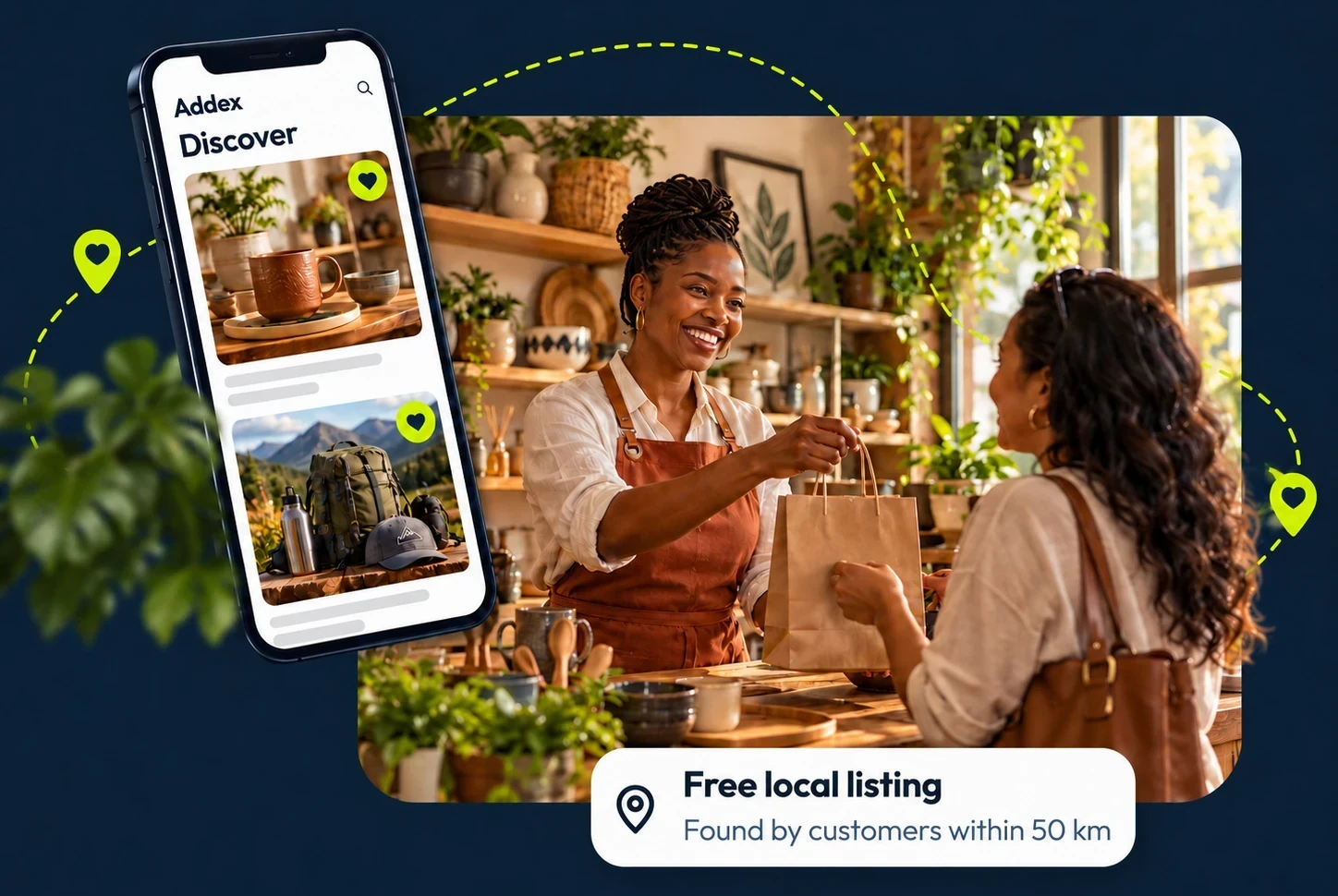 A shop owner hands a customer her purchase, beside the Addex app showing local finds and a free local listing found by customers within 50 km