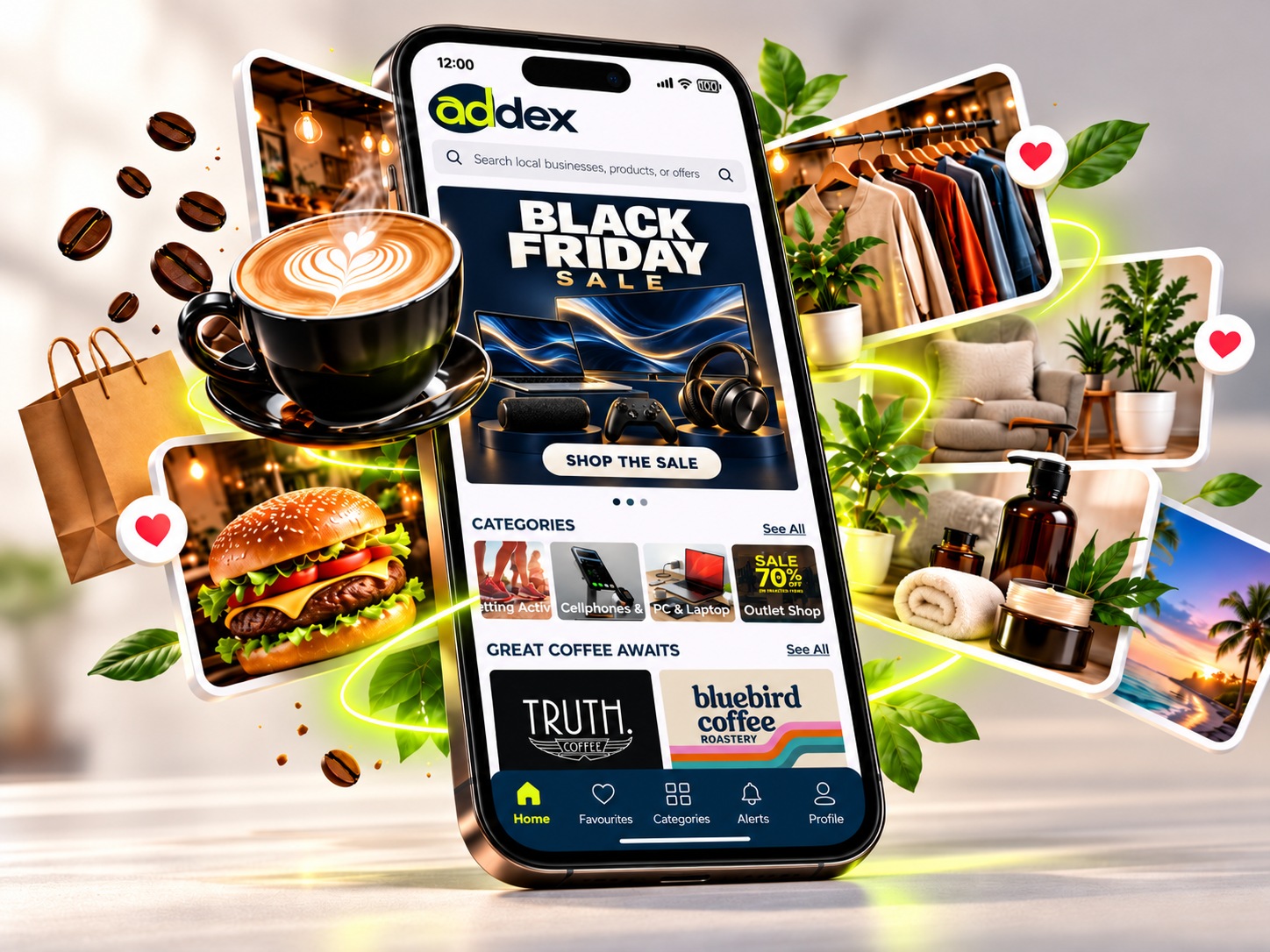 The Addex app on a phone, surrounded by category photos (coffee, restaurants, fashion, home and living, health and beauty, travel), several marked with hearts to show chosen interests