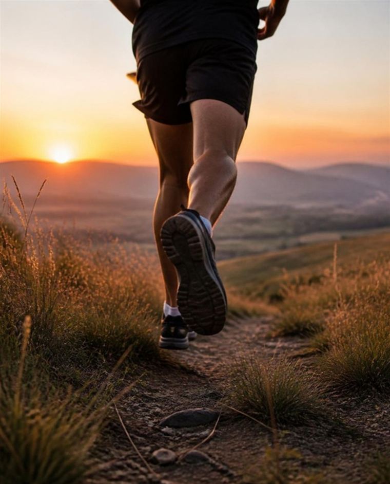 A runner on a grassland trail at sunset