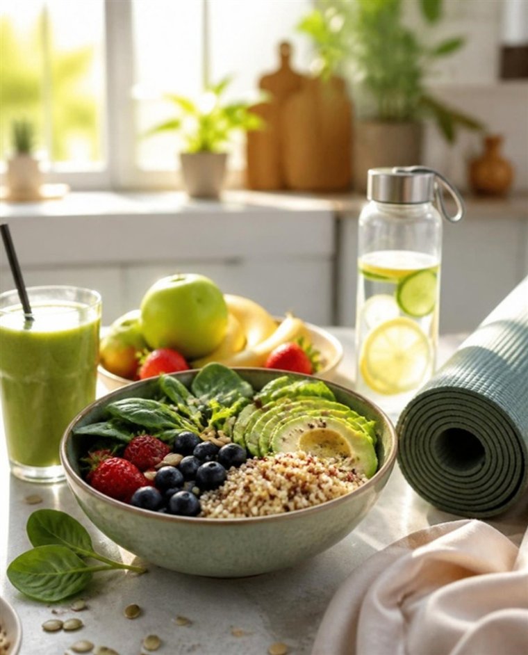 A nourish bowl, green smoothie, fresh fruit and a yoga mat in a sunlit kitchen