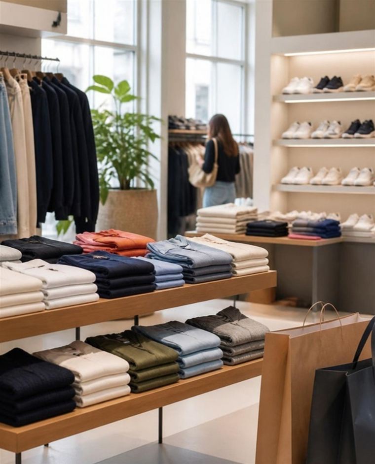 Folded clothing and sneakers on display in a bright store